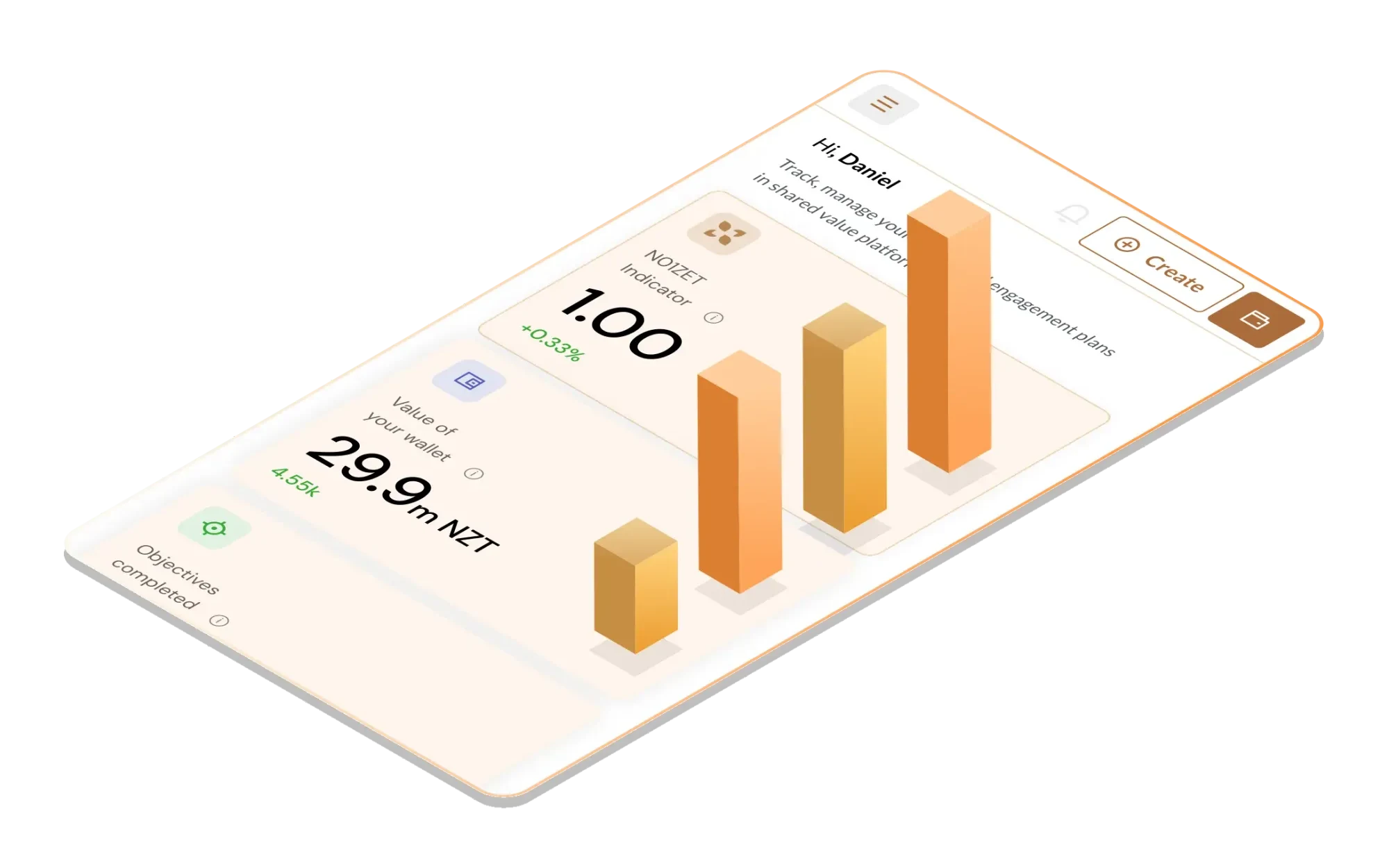 Tableau de bord N01ZET : indicateur de valeur, valeur du wallet en NZT et objectifs atteints.